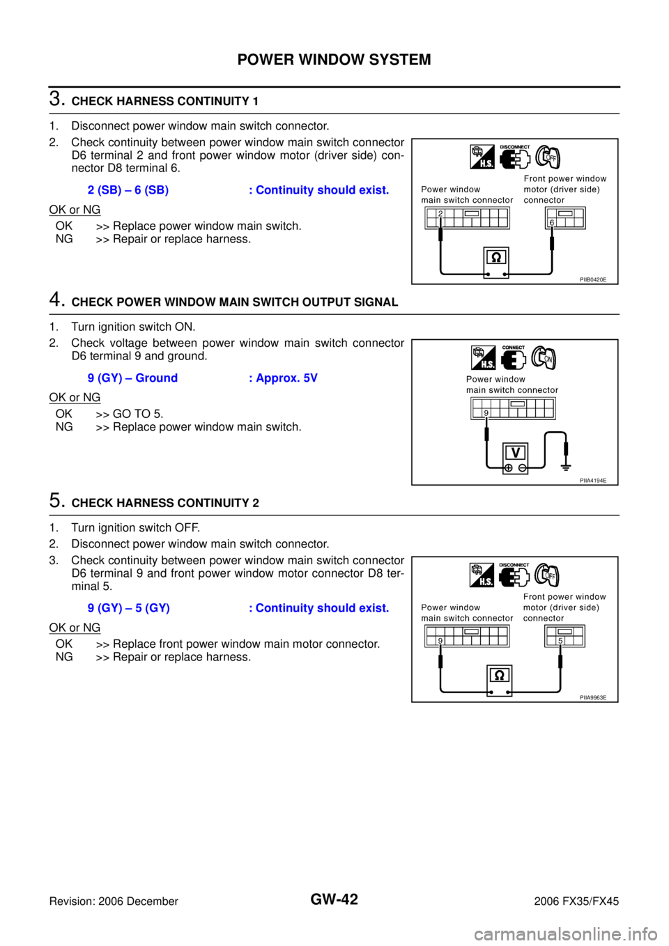 INFINITI FX35 2006 Service Manual GW-42
POWER WINDOW SYSTEM
Revision: 2006 December 2006 FX35/FX45
3. CHECK HARNESS CONTINUITY 1
1. Disconnect power window main switch connector.
2. Check continuity between power window main switch INFINITI FX35 2006 Service Manual GW-42
POWER WINDOW SYSTEM
Revision: 2006 December 2006 FX35/FX45
3. CHECK HARNESS CONTINUITY 1
1. Disconnect power window main switch connector.
2. Check continuity between power window main switch