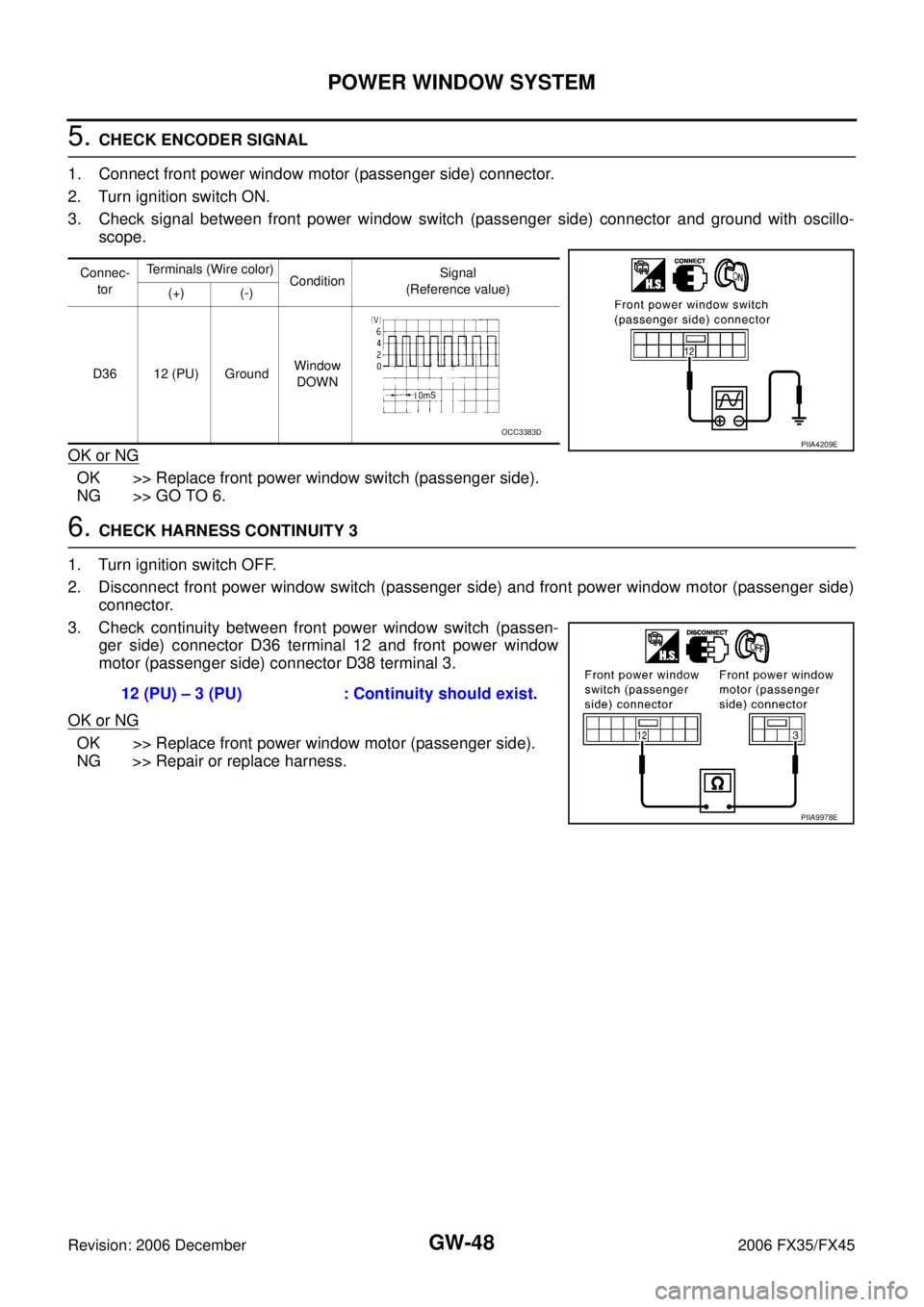 INFINITI FX35 2006 Service Manual GW-48
POWER WINDOW SYSTEM
Revision: 2006 December 2006 FX35/FX45
5. CHECK ENCODER SIGNAL
1. Connect front power window motor (passenger side) connector.
2. Turn ignition switch ON.
3. Check signal b INFINITI FX35 2006 Service Manual GW-48
POWER WINDOW SYSTEM
Revision: 2006 December 2006 FX35/FX45
5. CHECK ENCODER SIGNAL
1. Connect front power window motor (passenger side) connector.
2. Turn ignition switch ON.
3. Check signal b