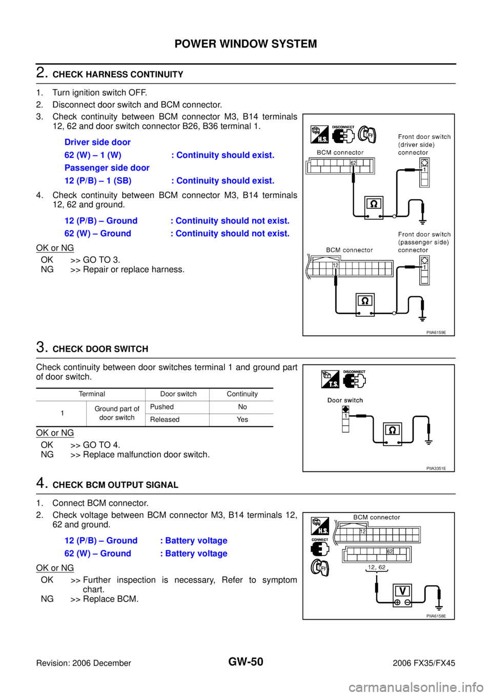 INFINITI FX35 2006 Service Manual GW-50
POWER WINDOW SYSTEM
Revision: 2006 December 2006 FX35/FX45
2. CHECK HARNESS CONTINUITY
1. Turn ignition switch OFF.
2. Disconnect door switch and BCM connector.
3. Check continuity between BCM INFINITI FX35 2006 Service Manual GW-50
POWER WINDOW SYSTEM
Revision: 2006 December 2006 FX35/FX45
2. CHECK HARNESS CONTINUITY
1. Turn ignition switch OFF.
2. Disconnect door switch and BCM connector.
3. Check continuity between BCM
