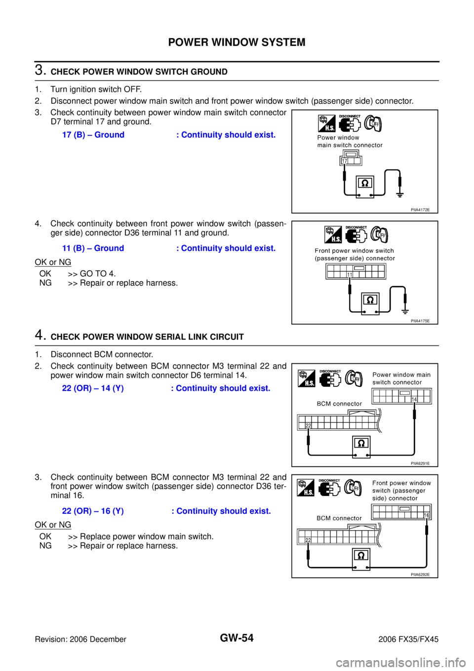 INFINITI FX35 2006  Service Manual GW-54
POWER WINDOW SYSTEM
Revision: 2006 December 2006 FX35/FX45
3. CHECK POWER WINDOW SWITCH GROUND  
1. Turn ignition switch OFF. 
2. Disconnect power window main switch and front power window switc