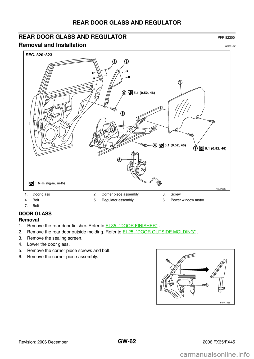 INFINITI FX35 2006  Service Manual GW-62
REAR DOOR GLASS AND REGULATOR
Revision: 2006 December 2006 FX35/FX45
REAR DOOR GLASS AND REGULATORPFP:82300
Removal and InstallationNIS001RV
DOOR GLASS 
Removal
1. Remove the rear door finisher.