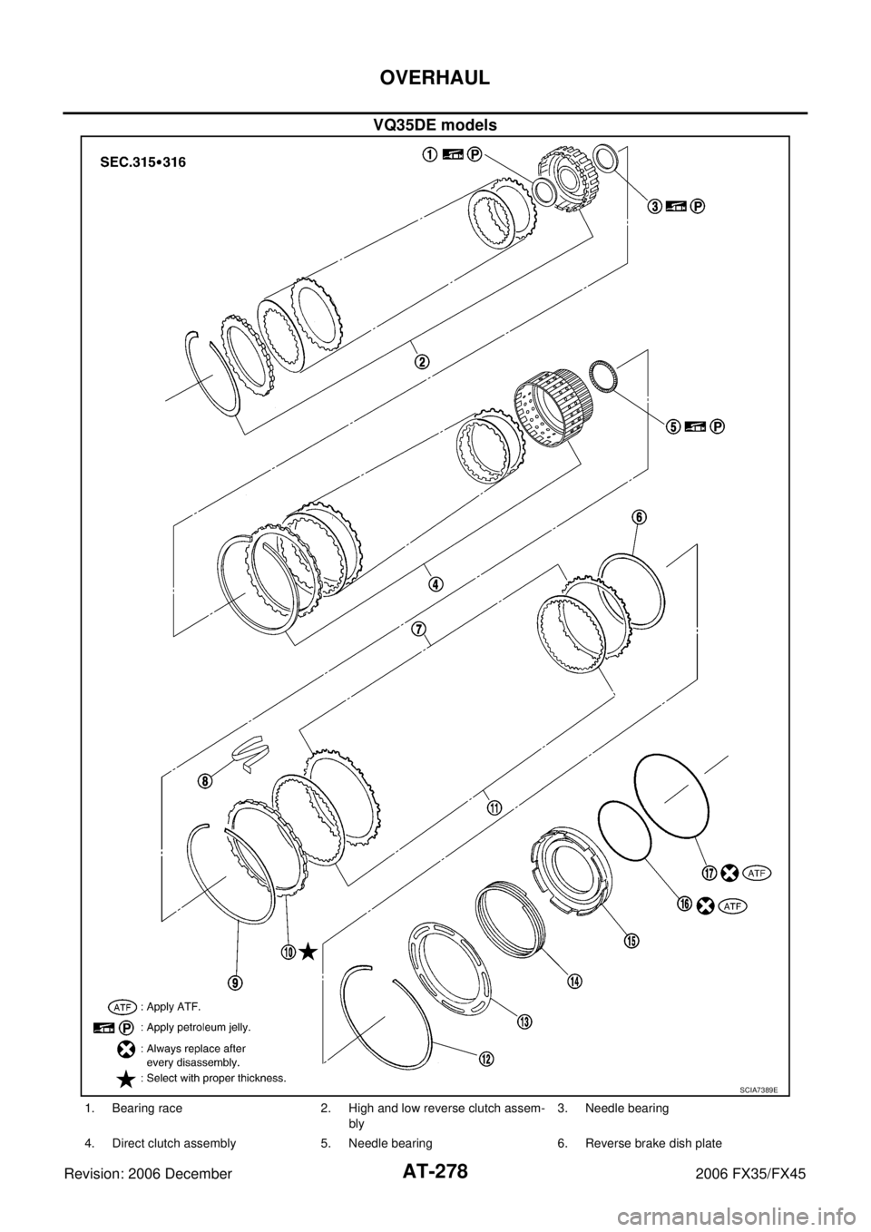 INFINITI FX35 2006  Service Manual AT-278
OVERHAUL
Revision: 2006 December 2006 FX35/FX45
VQ35DE models
SCIA7389E
1. Bearing race 2. High and low reverse clutch assem- bly 3. Needle bearing 
4. Direct clutch assembly 5. Needle bearing 