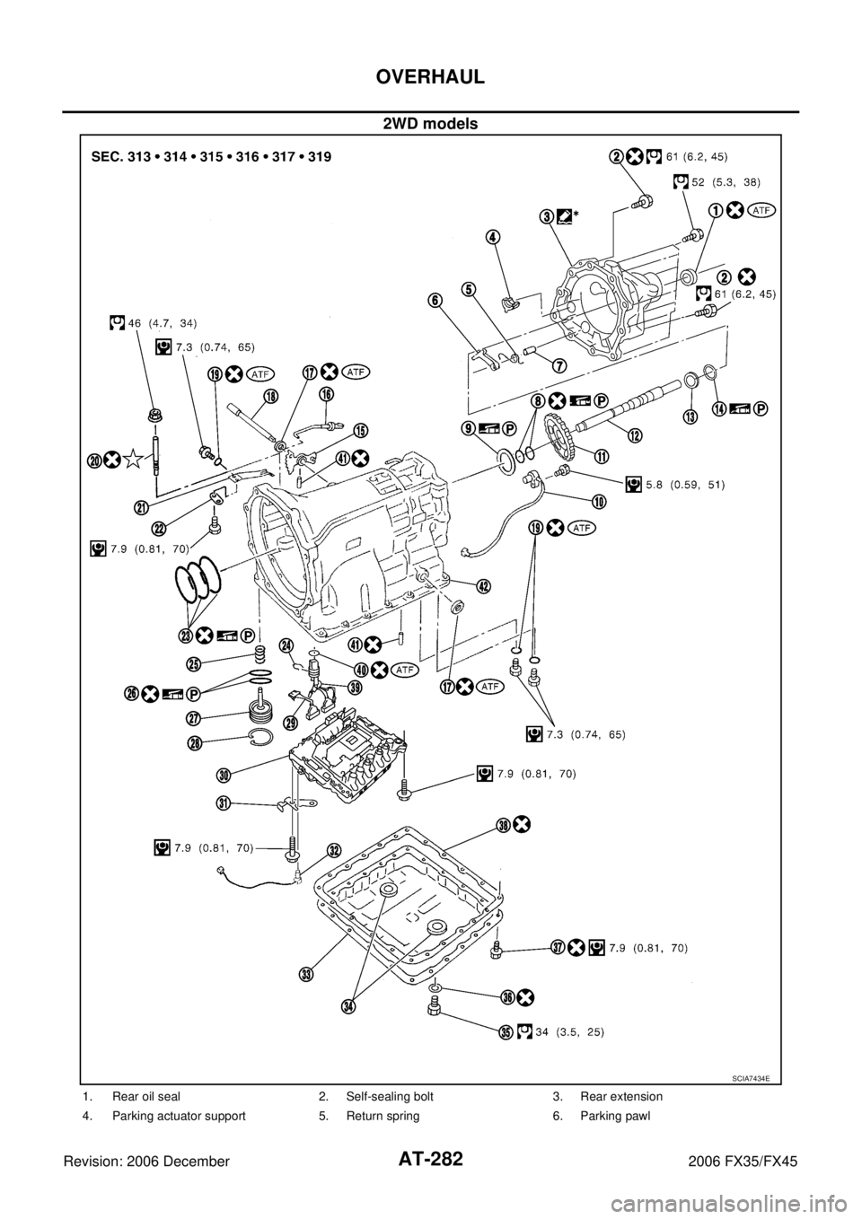 INFINITI FX35 2006  Service Manual AT-282
OVERHAUL
Revision: 2006 December 2006 FX35/FX45
2WD models
SCIA7434E
1. Rear oil seal 2. Self-sealing bolt 3. Rear extension 
4. Parking actuator support 5. Return spring 6. Parking pawl 