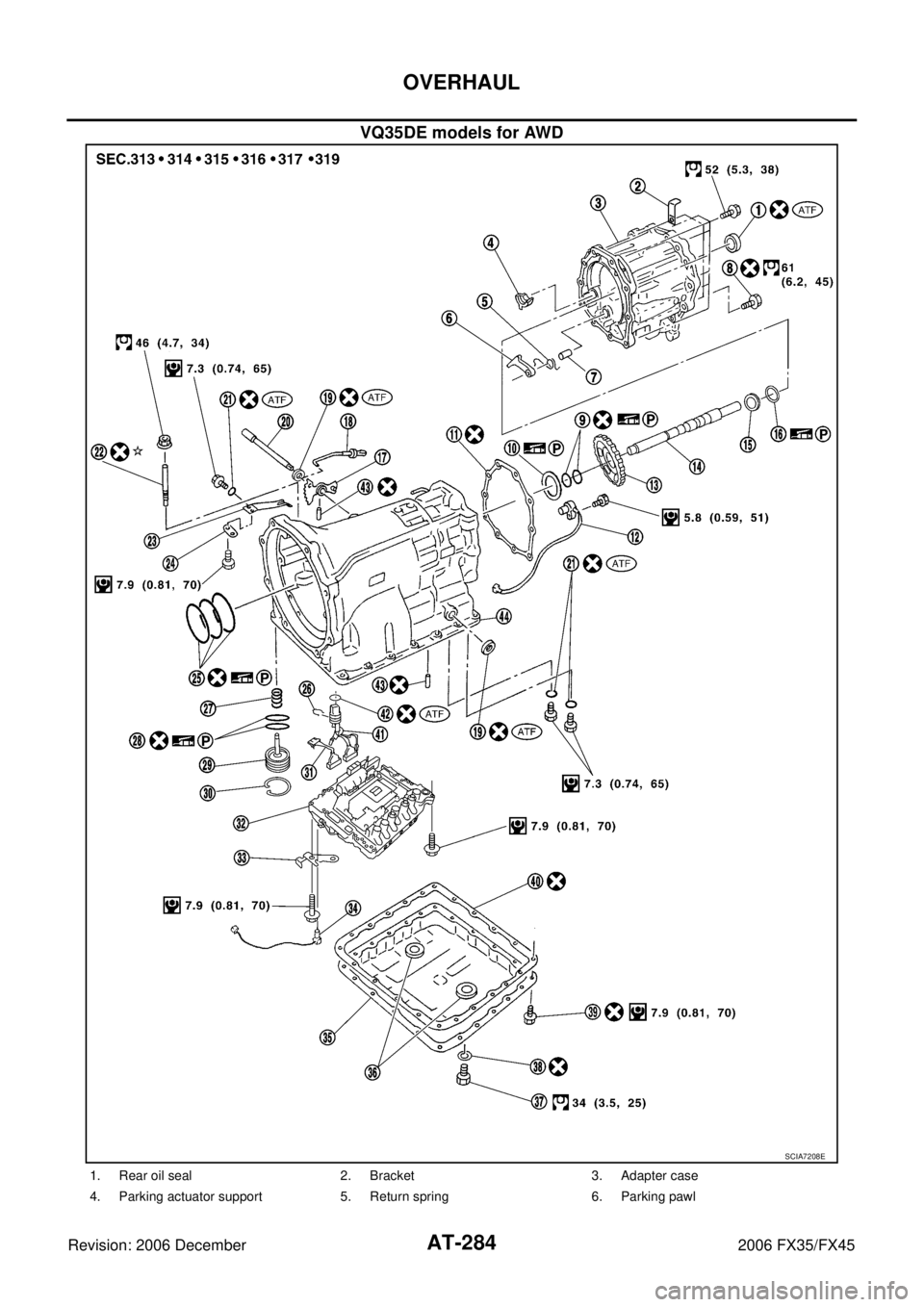 INFINITI FX35 2006  Service Manual AT-284
OVERHAUL
Revision: 2006 December 2006 FX35/FX45
VQ35DE models for AWD
SCIA7208E
1. Rear oil seal 2. Bracket 3. Adapter case 
4. Parking actuator support 5. Return spring 6. Parking pawl 