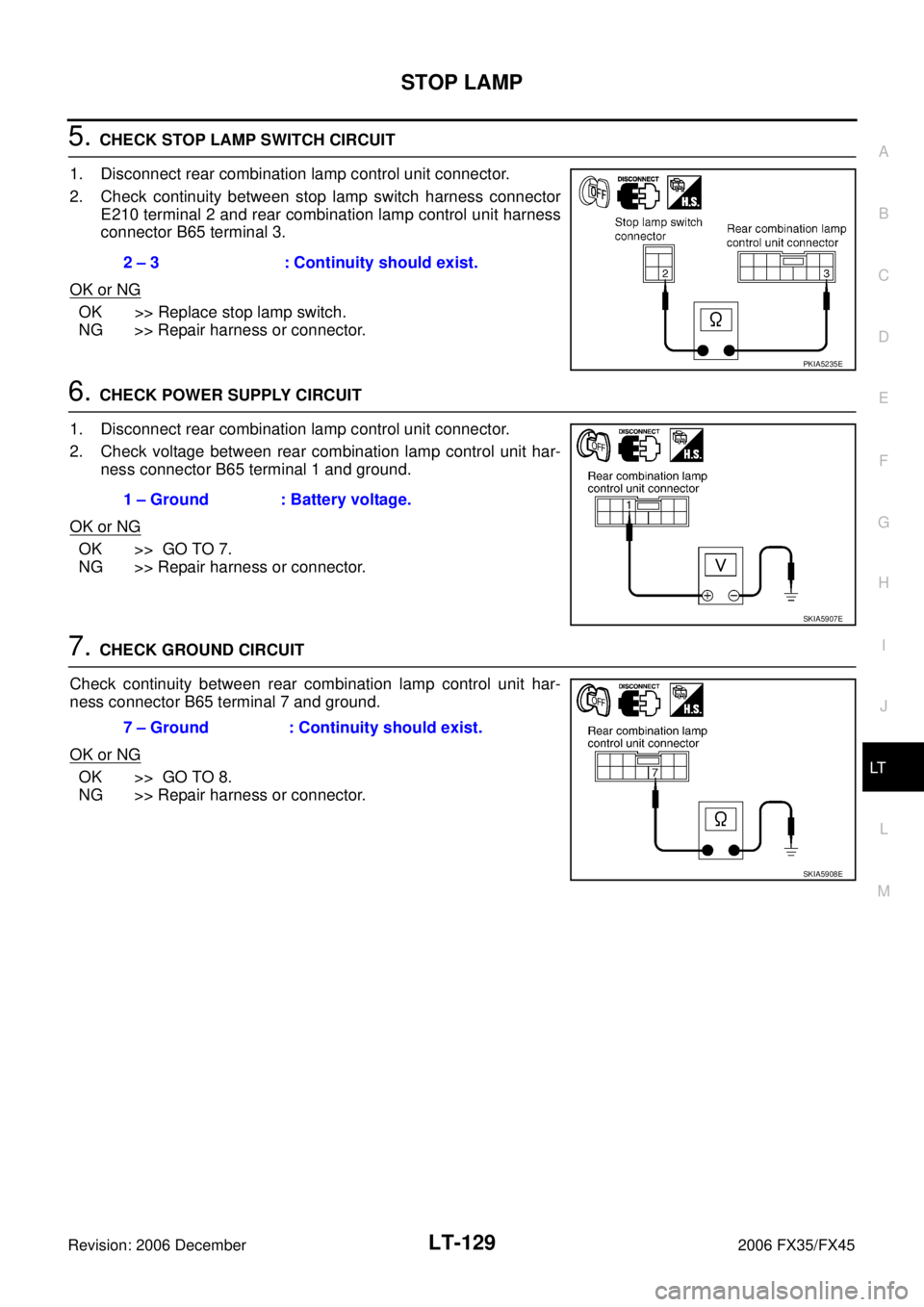 INFINITI FX35 2006  Service Manual STOP LAMP LT-129
C 
D  E 
F 
G  H 
I 
J 
L 
M  A 
B
LT 
Revision: 2006 December 2006 FX35/FX45
5. CHECK STOP LAMP SWITCH CIRCUIT 
1. Disconnect rear combination lamp control unit connector. 
2. Check 
