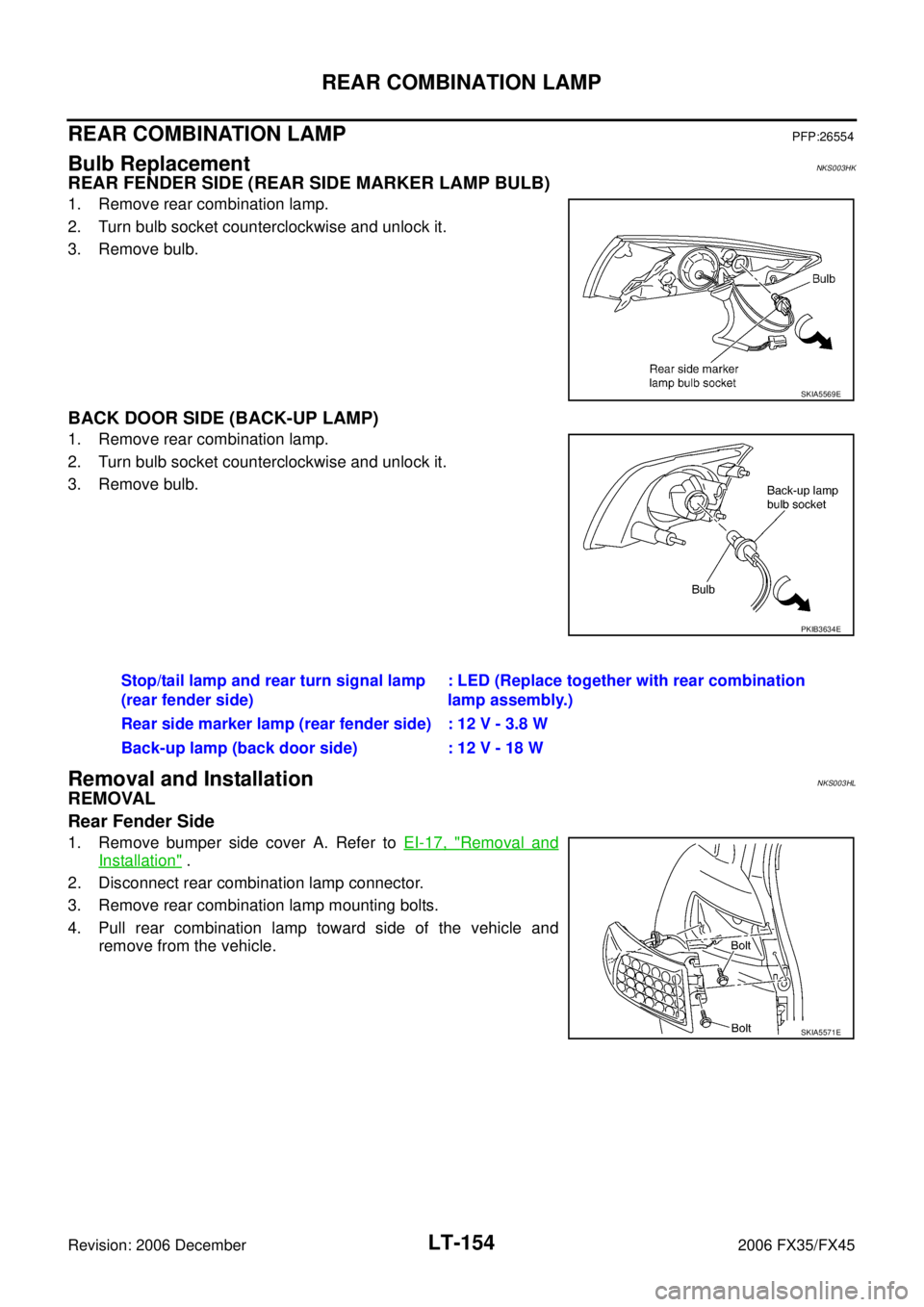 INFINITI FX35 2006 User Guide LT-154
REAR COMBINATION LAMP
Revision: 2006 December 2006 FX35/FX45
REAR COMBINATION LAMPPFP:26554
Bulb ReplacementNKS003HK
REAR FENDER SIDE (REAR SIDE MARKER LAMP BULB)
1. Remove rear combination lam INFINITI FX35 2006 User Guide LT-154
REAR COMBINATION LAMP
Revision: 2006 December 2006 FX35/FX45
REAR COMBINATION LAMPPFP:26554
Bulb ReplacementNKS003HK
REAR FENDER SIDE (REAR SIDE MARKER LAMP BULB)
1. Remove rear combination lam
