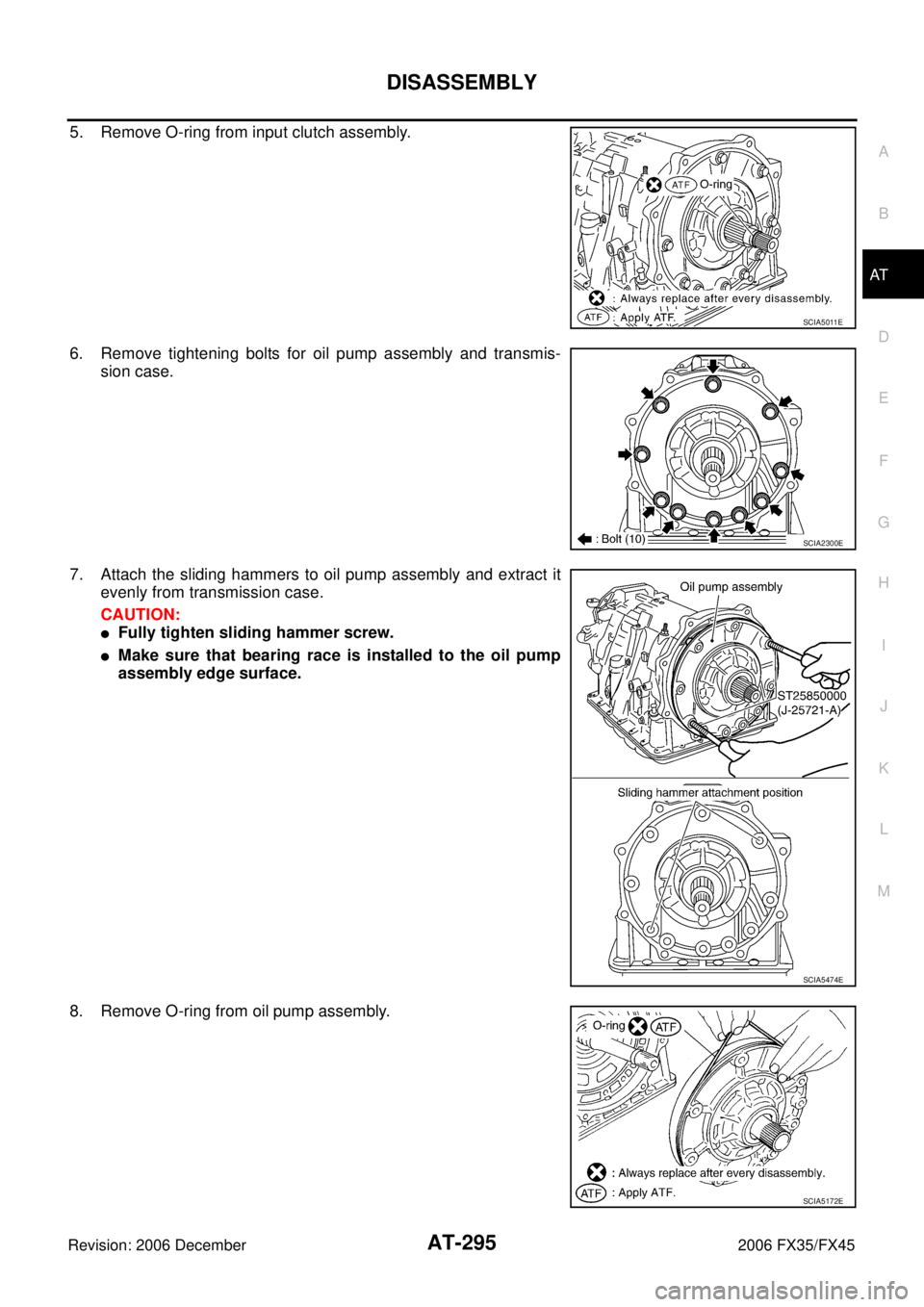 INFINITI FX35 2006  Service Manual DISASSEMBLY AT-295
D E 
F 
G  H 
I 
J 
K  L 
M  A 
B
AT 
Revision: 2006 December 2006 FX35/FX45
5. Remove O-ring from input clutch assembly. 
6. Remove tightening bolts for oil pump assembly and trans