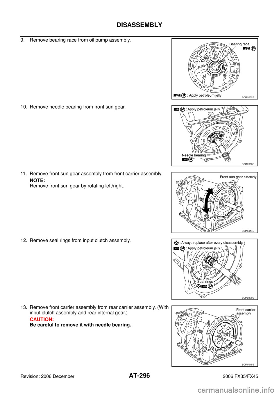INFINITI FX35 2006  Service Manual AT-296
DISASSEMBLY
Revision: 2006 December 2006 FX35/FX45
9. Remove bearing race from oil pump assembly. 
10. Remove needle bearing from front sun gear.
11. Remove front sun gear assembly from front c