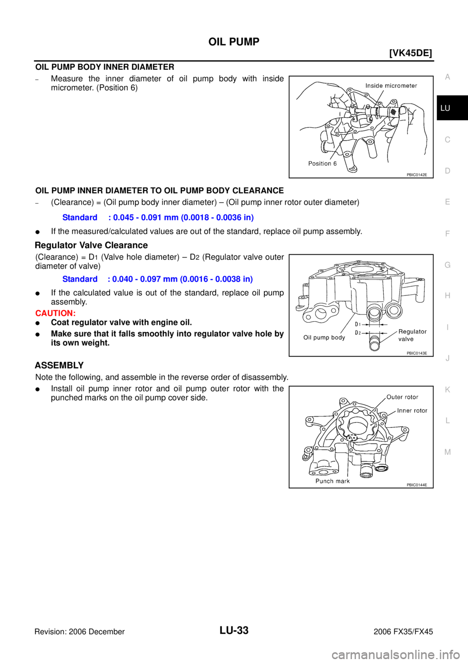 INFINITI FX35 2006  Service Manual OIL PUMP LU-33
[VK45DE]
C 
D  E 
F 
G  H 
I 
J 
K  L 
M  A
LU 
Revision: 2006 December 2006 FX35/FX45
OIL PUMP BODY INNER DIAMETER
–Measure the inner diameter of oil pump body with inside 
micromete