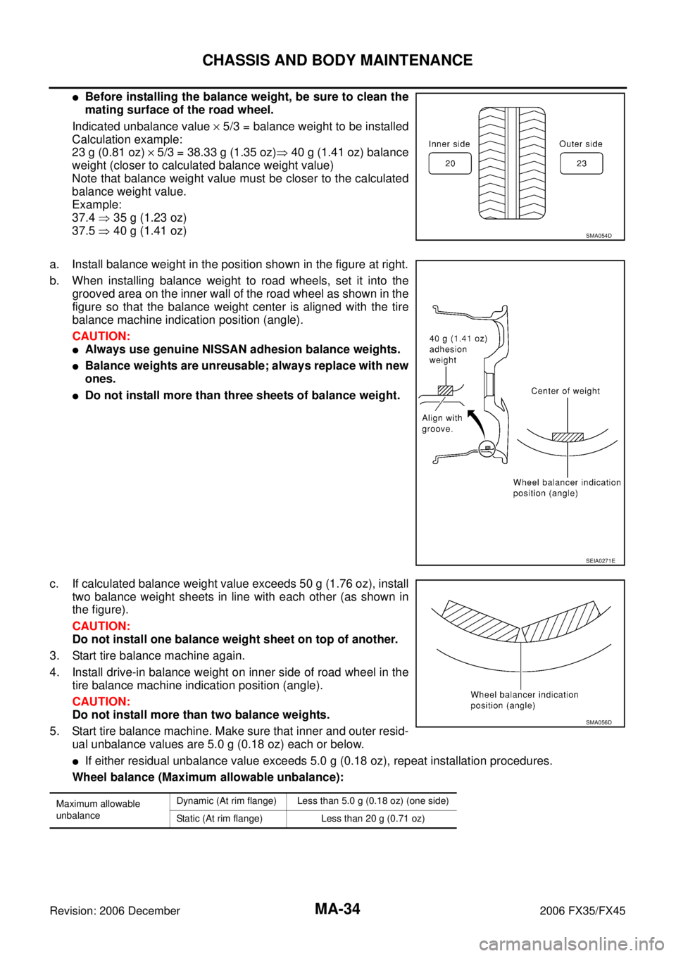 INFINITI FX35 2006  Service Manual MA-34
CHASSIS AND BODY MAINTENANCE
Revision: 2006 December 2006 FX35/FX45
Before installing the balance weight, be sure to clean the 
mating surface of the road wheel. 
Indicated unbalance value   ×