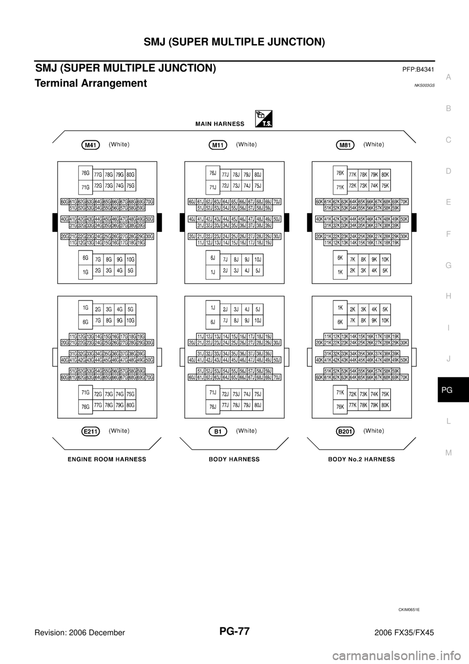 INFINITI FX35 2006  Service Manual SMJ (SUPER MULTIPLE JUNCTION) PG-77
C 
D  E 
F 
G  H 
I 
J 
L 
M  A 
B
PG 
Revision: 2006 December 2006 FX35/FX45
SMJ (SUPER MULTIPLE JUNCTION)PFP:B4341
Terminal ArrangementNKS003GS
CKIM0651E 