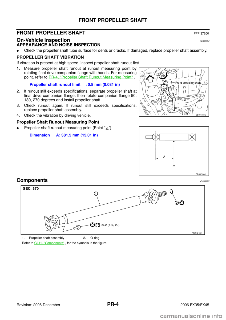 INFINITI FX35 2006  Service Manual PR-4
FRONT PROPELLER SHAFT
Revision: 2006 December 2006 FX35/FX45
FRONT PROPELLER SHAFTPFP:37200
On-Vehicle InspectionNDS000D2
APPEARANCE AND NOISE INSPECTION
Check the propeller shaft tube surface f