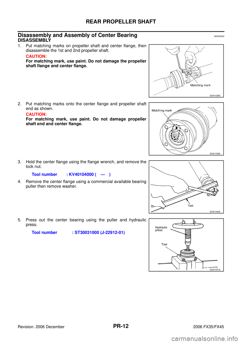 INFINITI FX35 2006  Service Manual PR-12
REAR PROPELLER SHAFT
Revision: 2006 December 2006 FX35/FX45
Disassembly and Assembly of Center BearingNDS000AZ
DISASSEMBLY
1. Put matching marks on propeller shaft and center flange, then disass