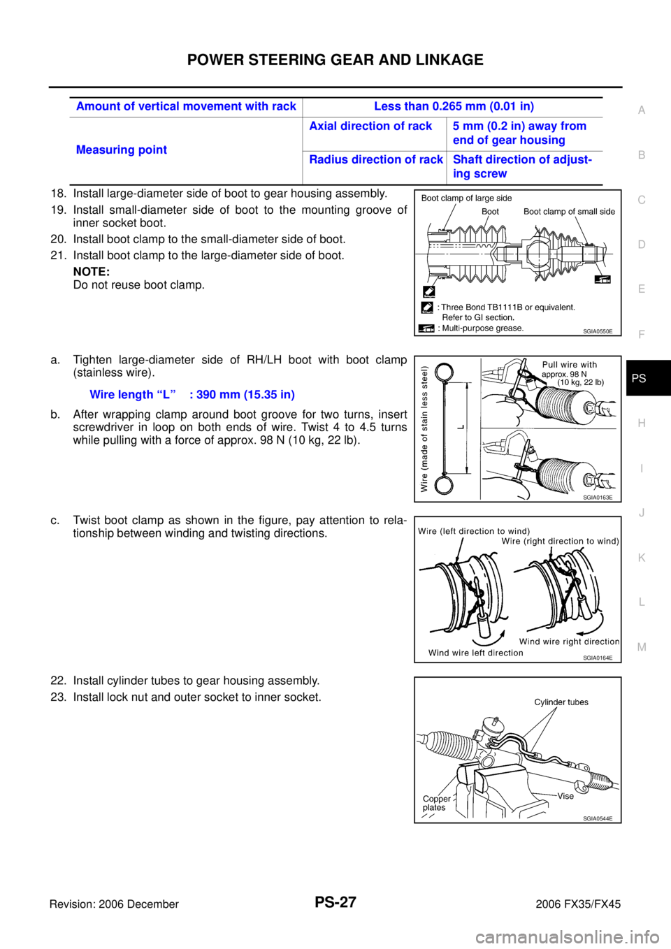 INFINITI FX35 2006 Manual PDF POWER STEERING GEAR AND LINKAGE PS-27
C 
D  E 
F 
H  I 
J 
K  L 
M  A 
B
PS 
Revision: 2006 December 2006 FX35/FX45
18. Install large-diameter side of boot to gear housing assembly. 
19. Install small