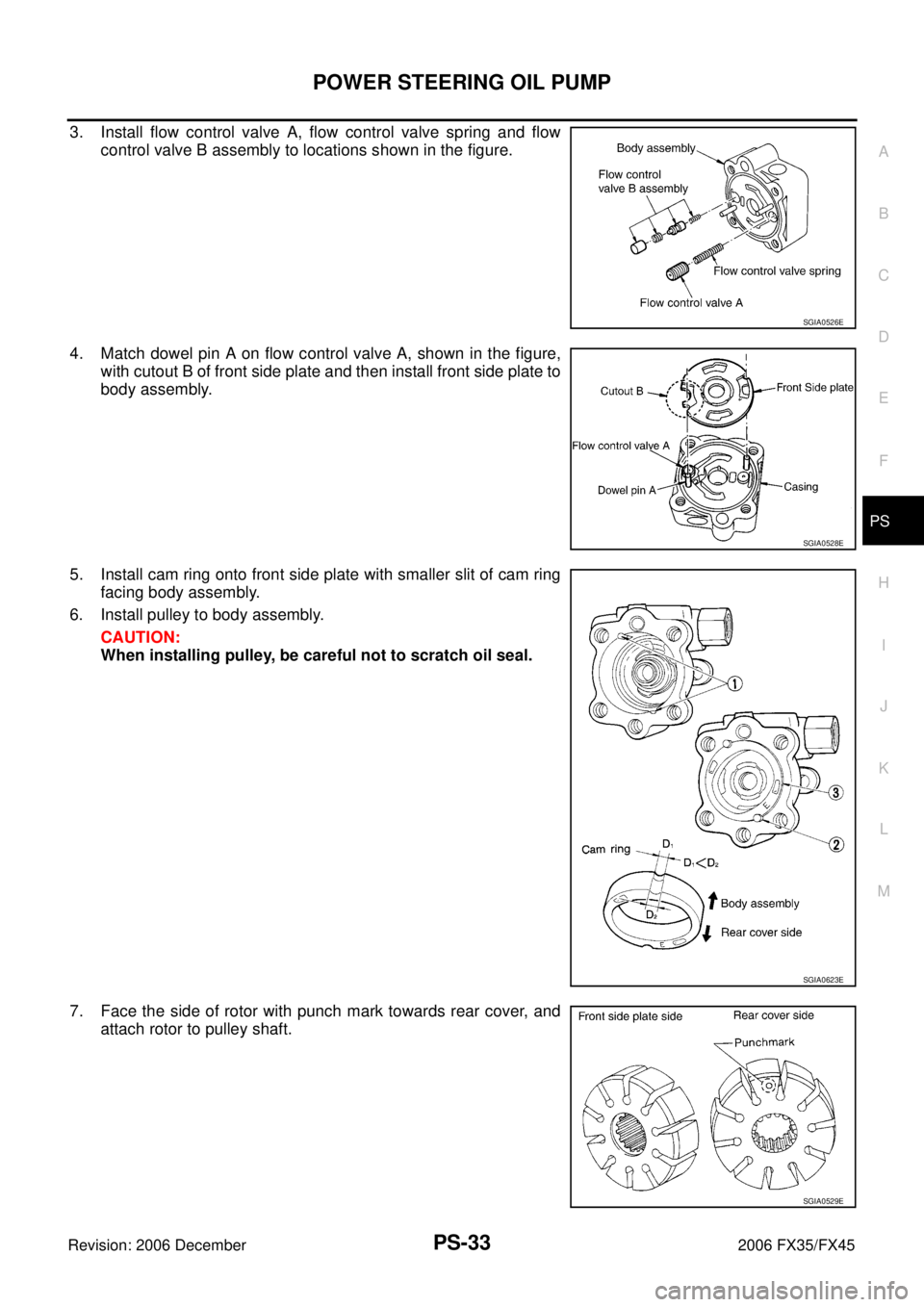 INFINITI FX35 2006  Service Manual POWER STEERING OIL PUMP PS-33
C 
D  E 
F 
H  I 
J 
K  L 
M  A 
B
PS 
Revision: 2006 December 2006 FX35/FX45
3. Install flow control valve A, flow control valve spring and flow  control valve B assembl