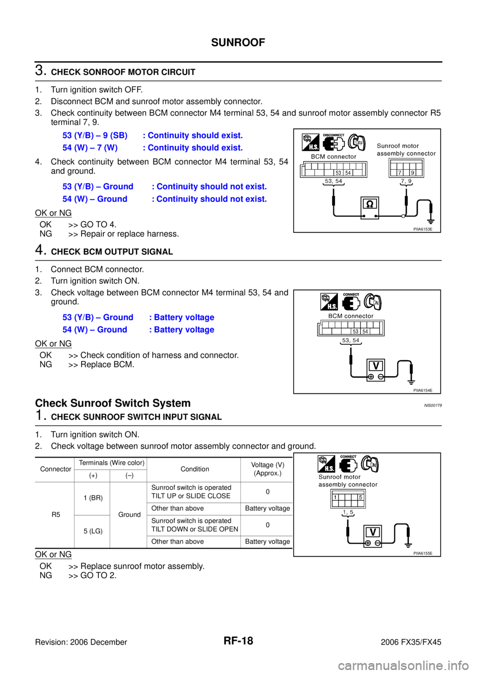 INFINITI FX35 2006  Service Manual RF-18
SUNROOF
Revision: 2006 December 2006 FX35/FX45
3. CHECK SONROOF MOTOR CIRCUIT 
1. Turn ignition switch OFF. 
2. Disconnect BCM and sunroof motor assembly connector.
3. Check continuity between B