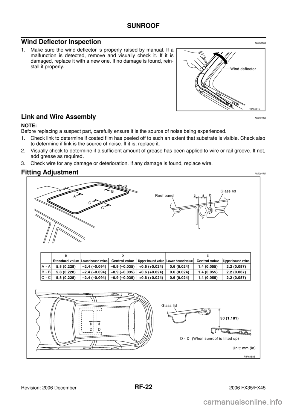 INFINITI FX35 2006  Service Manual RF-22
SUNROOF
Revision: 2006 December 2006 FX35/FX45
Wind Deflector InspectionNIS001TB
1. Make sure the wind deflector is properly raised by manual. If a malfunction is detected, remove and visually c