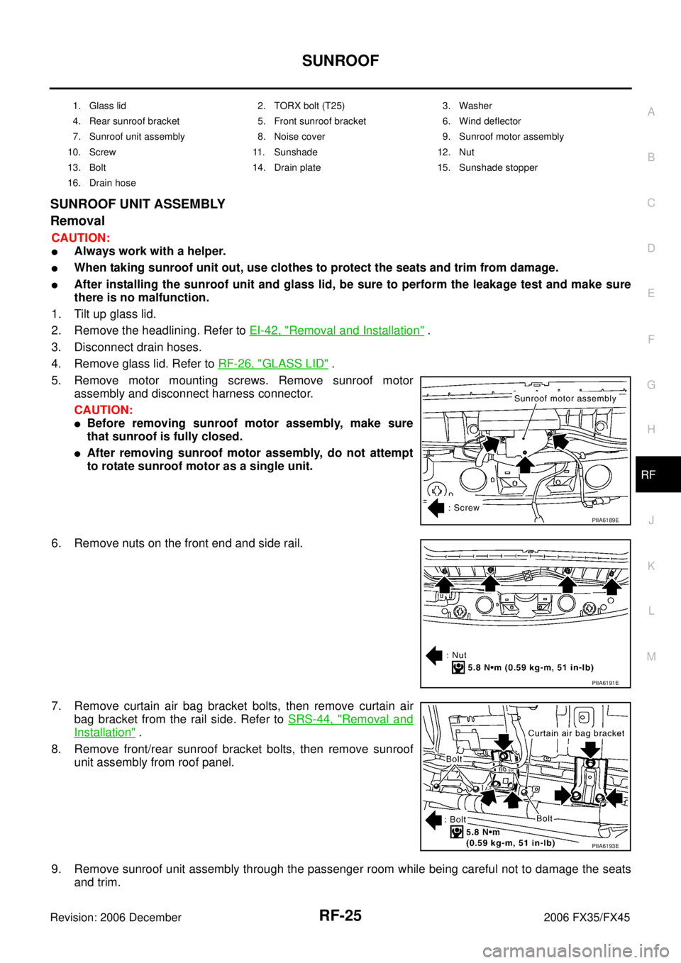 INFINITI FX35 2006  Service Manual SUNROOF RF-25
C 
D  E 
F 
G  H 
J 
K  L 
M  A 
B
RF 
Revision: 2006 December 2006 FX35/FX45
SUNROOF UNIT ASSEMBLY 
Removal
CAUTION:
Always work with a helper.
When taking sunroof unit out, use cloth