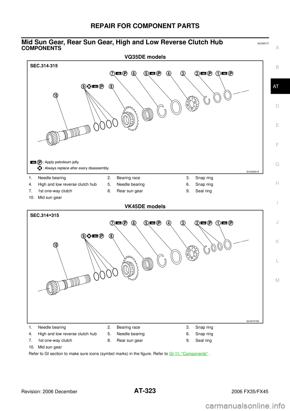 INFINITI FX35 2006  Service Manual REPAIR FOR COMPONENT PARTS AT-323
D E 
F 
G  H 
I 
J 
K  L 
M  A 
B
AT 
Revision: 2006 December 2006 FX35/FX45
Mid Sun Gear, Rear Sun Gear, High and Low Reverse Clutch HubNCS001IT
COMPONENTS
VQ35DE mo