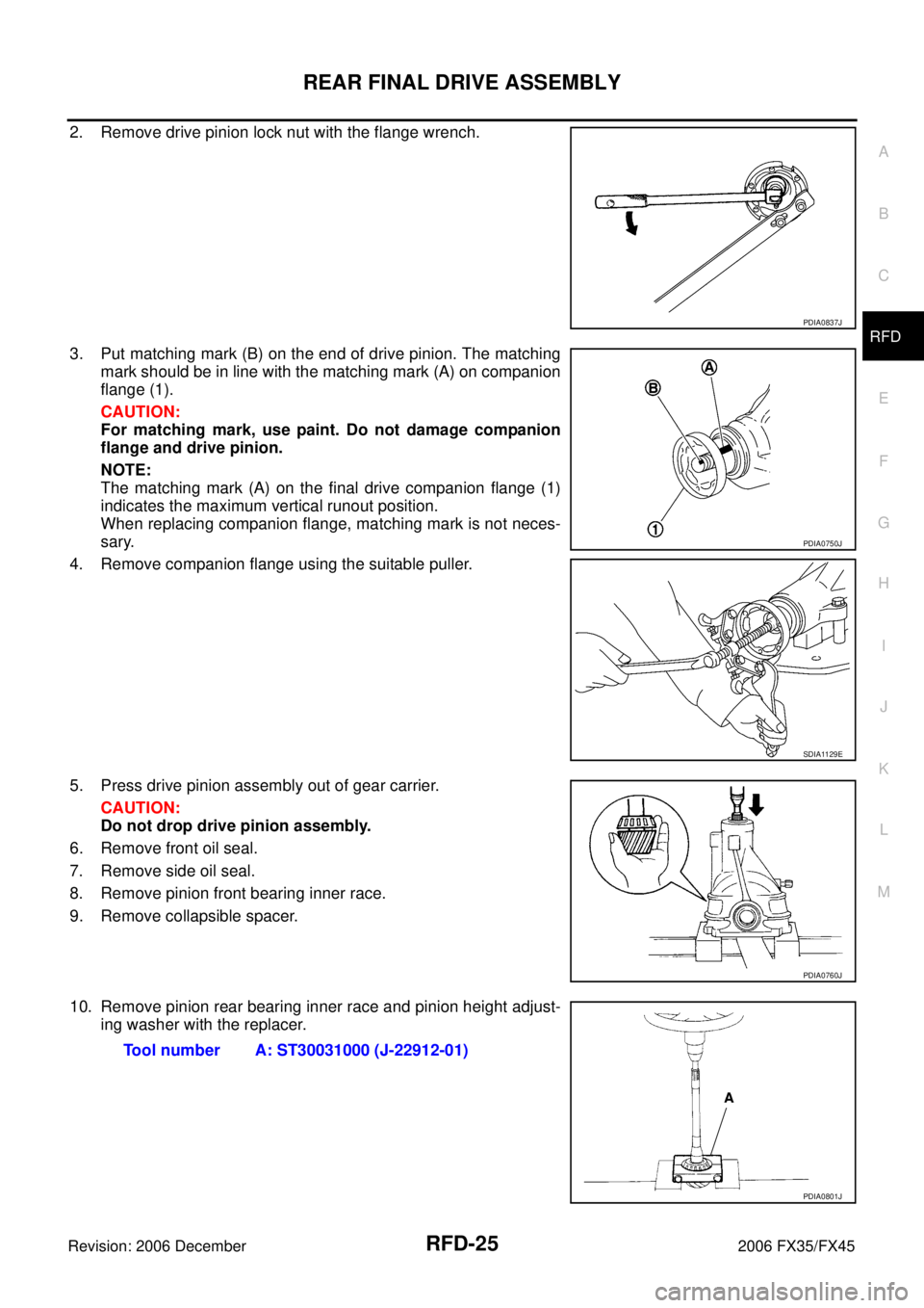 INFINITI FX35 2006  Service Manual REAR FINAL DRIVE ASSEMBLY RFD-25
C E  F 
G  H 
I 
J 
K  L 
M  A 
B
RFD 
Revision: 2006 December 2006 FX35/FX45
2. Remove drive pinion lock nut with the flange wrench. 
3. Put matching mark (B) on the 