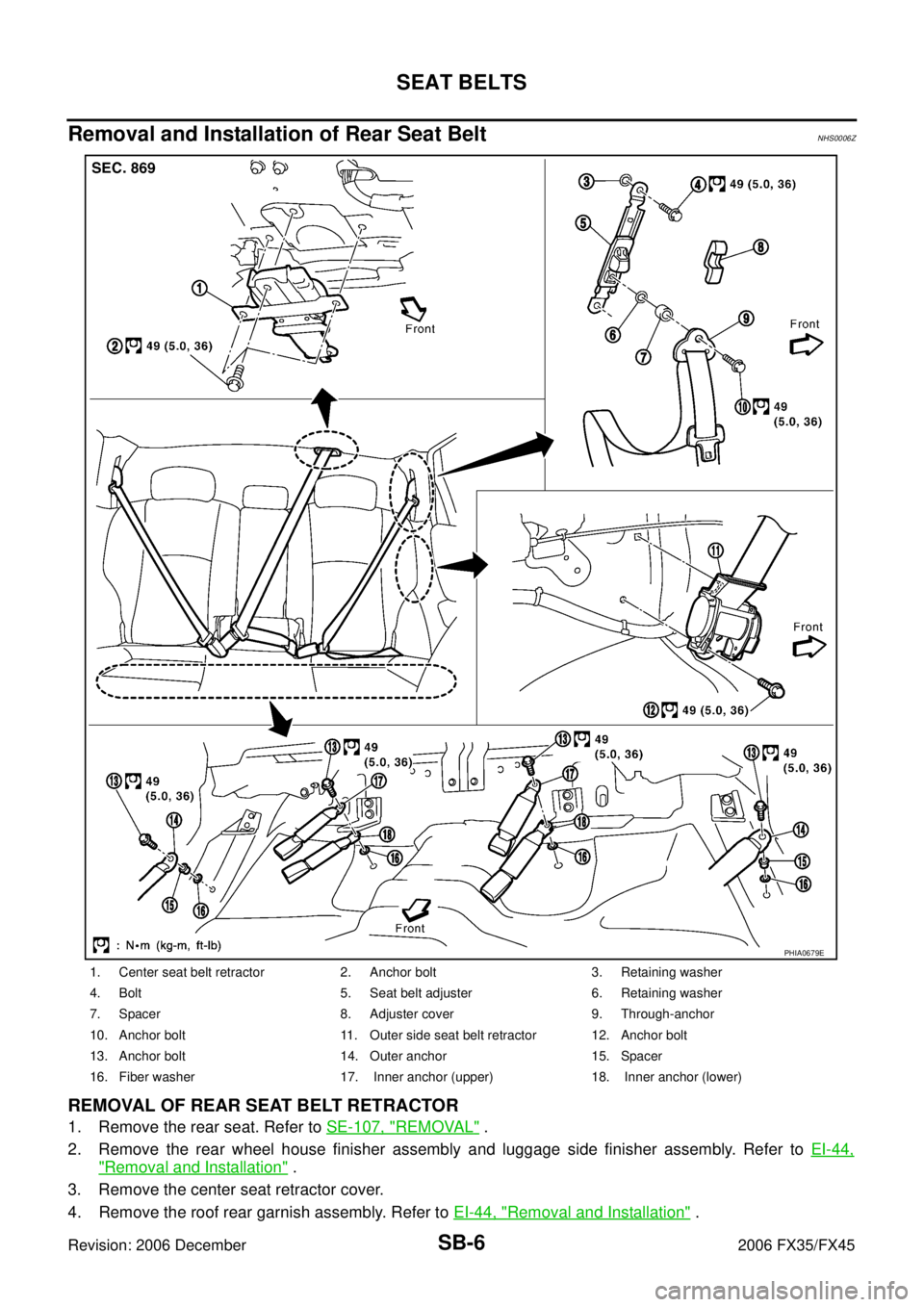 INFINITI FX35 2006  Service Manual SB-6
SEAT BELTS
Revision: 2006 December 2006 FX35/FX45
Removal and Installation of Rear Seat Belt NHS0006Z
REMOVAL OF REAR SEAT BELT RETRACTOR
1. Remove the rear seat. Refer to  SE-107, "REMOVAL" . 
2