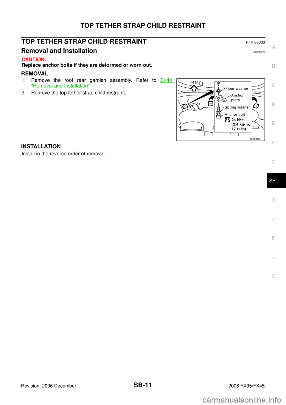 INFINITI FX35 2006  Service Manual TOP TETHER STRAP CHILD RESTRAINT SB-11
C 
D  E 
F 
G 
I 
J 
K  L 
M  A 
B
SB 
Revision: 2006 December 2006 FX35/FX45
TOP TETHER STRAP CHILD RESTRAINTPFP:88000
Removal and InstallationNHS00072
CAUTION:
