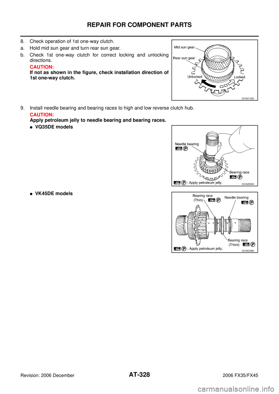 INFINITI FX35 2006  Service Manual AT-328
REPAIR FOR COMPONENT PARTS
Revision: 2006 December 2006 FX35/FX45
8. Check operation of 1st one-way clutch. 
a. Hold mid sun gear and turn rear sun gear.
b. Check 1st one-way clutch for correct