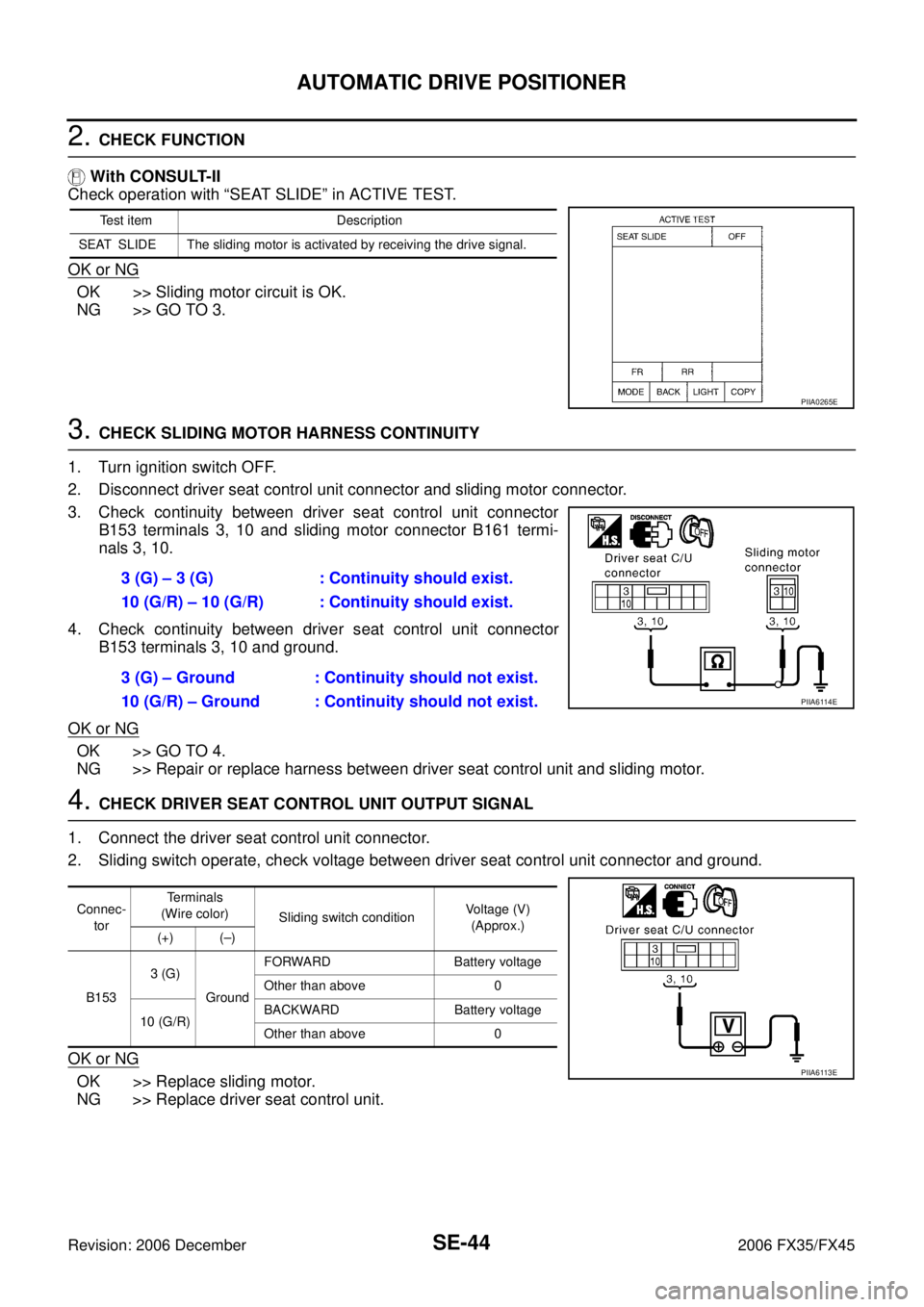 INFINITI FX35 2006 Service Manual SE-44
AUTOMATIC DRIVE POSITIONER
Revision: 2006 December 2006 FX35/FX45
2. CHECK FUNCTION
With CONSULT-II
Check operation with “SEAT SLIDE” in ACTIVE TEST.
OK or NG
OK >> Sliding motor circui INFINITI FX35 2006 Service Manual SE-44
AUTOMATIC DRIVE POSITIONER
Revision: 2006 December 2006 FX35/FX45
2. CHECK FUNCTION
With CONSULT-II
Check operation with “SEAT SLIDE” in ACTIVE TEST.
OK or NG
OK >> Sliding motor circui