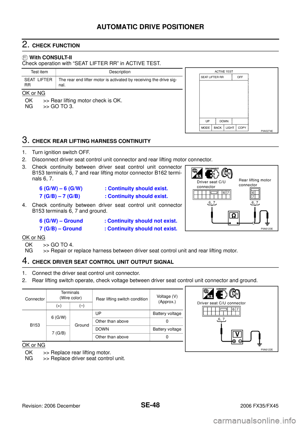 INFINITI FX35 2006 Service Manual SE-48
AUTOMATIC DRIVE POSITIONER
Revision: 2006 December 2006 FX35/FX45
2. CHECK FUNCTION
With CONSULT-II
Check operation with “SEAT LIFTER RR” in ACTIVE TEST.
OK or NG
OK >> Rear lifting moto INFINITI FX35 2006 Service Manual SE-48
AUTOMATIC DRIVE POSITIONER
Revision: 2006 December 2006 FX35/FX45
2. CHECK FUNCTION
With CONSULT-II
Check operation with “SEAT LIFTER RR” in ACTIVE TEST.
OK or NG
OK >> Rear lifting moto