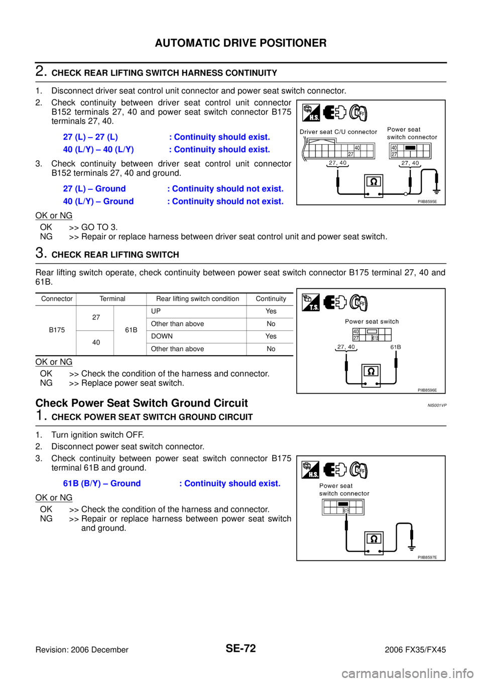 INFINITI FX35 2006  Service Manual SE-72
AUTOMATIC DRIVE POSITIONER
Revision: 2006 December 2006 FX35/FX45
2. CHECK REAR LIFTING SWITCH HARNESS CONTINUITY 
1. Disconnect driver seat control unit connector and power seat switch connecto