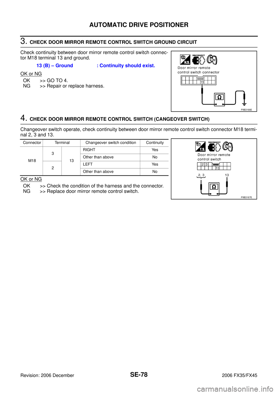 INFINITI FX35 2006  Service Manual SE-78
AUTOMATIC DRIVE POSITIONER
Revision: 2006 December 2006 FX35/FX45
3. CHECK DOOR MIRROR REMOTE CONTROL SWITCH GROUND CIRCUIT 
Check continuity between door mirror remote control switch connec- 
t