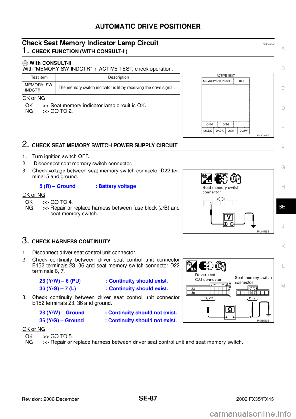 INFINITI FX35 2006  Service Manual AUTOMATIC DRIVE POSITIONER SE-87
C 
D  E 
F 
G  H 
J 
K  L 
M  A 
B
SE 
Revision: 2006 December 2006 FX35/FX45
Check Seat Memory Indicator Lamp CircuitNIS001VY
1. CHECK FUNCTION (WITH CONSULT-II) 
 Wi