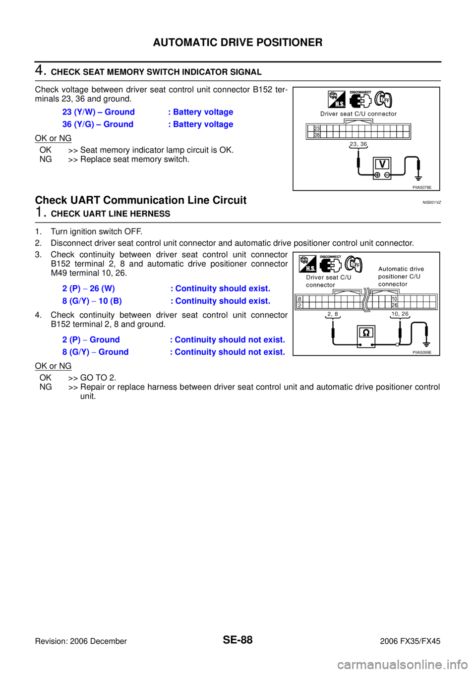 INFINITI FX35 2006  Service Manual SE-88
AUTOMATIC DRIVE POSITIONER
Revision: 2006 December 2006 FX35/FX45
4. CHECK SEAT MEMORY SWITCH INDICATOR SIGNAL 
Check voltage between driver seat control unit connector B152 ter- 
minals 23, 36 