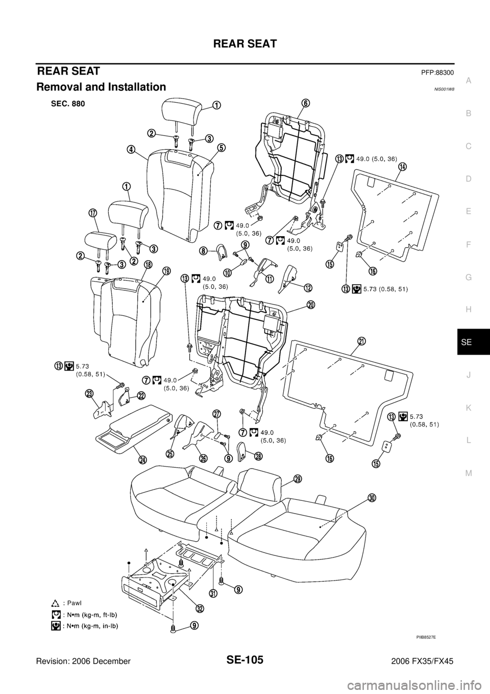 INFINITI FX35 2006  Service Manual REAR SEAT SE-105
C 
D  E 
F 
G  H 
J 
K  L 
M  A 
B
SE 
Revision: 2006 December 2006 FX35/FX45
REAR SEATPFP:88300
Removal and InstallationNIS001W8
PIIB8527E 