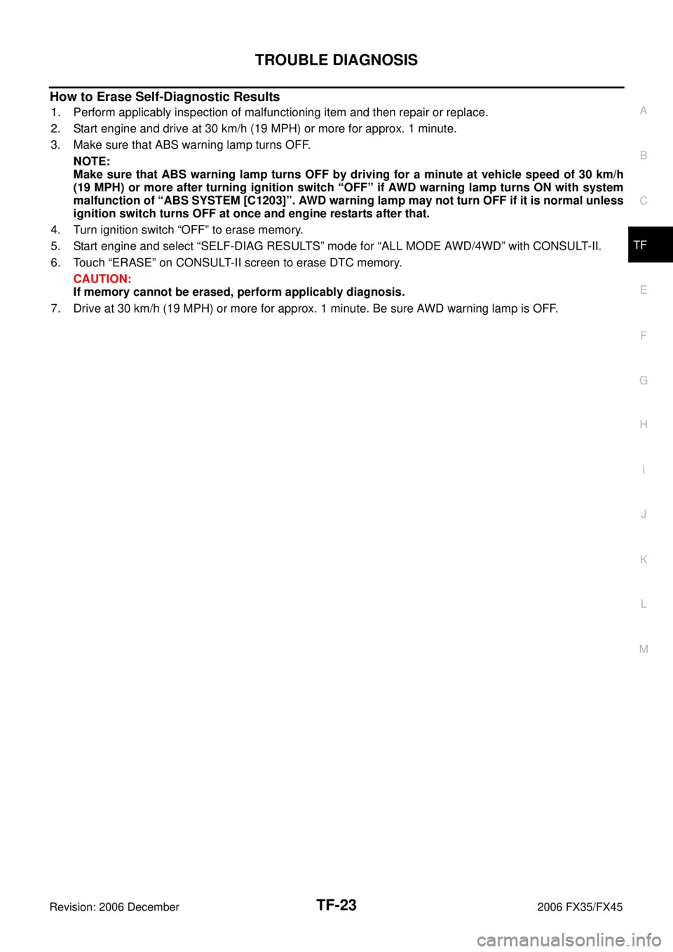 INFINITI FX35 2006  Service Manual TROUBLE DIAGNOSIS TF-23
C E  F 
G  H 
I 
J 
K  L 
M  A 
B
TF 
Revision: 2006 December 2006 FX35/FX45
How to Erase Self-Diagnostic Results
1. Perform applicably inspection of malfunctioning item and th