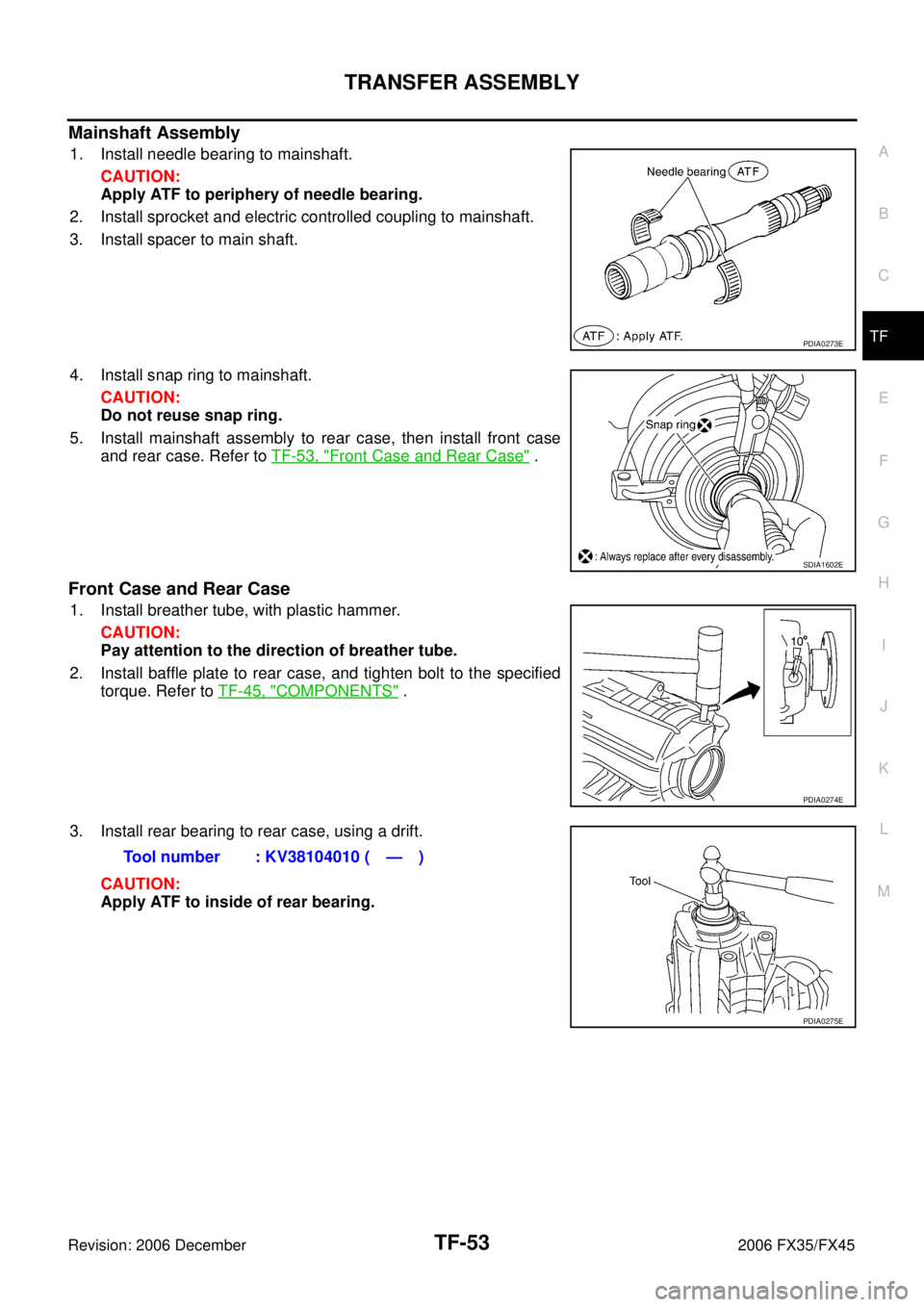 INFINITI FX35 2006  Service Manual TRANSFER ASSEMBLY TF-53
C E  F 
G  H 
I 
J 
K  L 
M  A 
B
TF 
Revision: 2006 December 2006 FX35/FX45
Mainshaft Assembly
1. Install needle bearing to mainshaft.  CAUTION: 
Apply ATF to periphery of nee