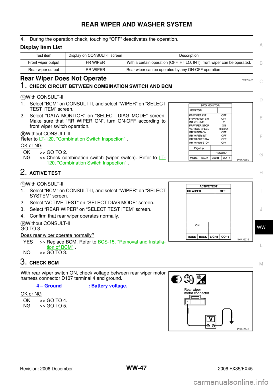 INFINITI FX35 2006  Service Manual REAR WIPER AND WASHER SYSTEM WW-47
C 
D  E 
F 
G  H 
I 
J 
L 
M  A 
B
WW 
Revision: 2006 December 2006 FX35/FX45
4. During the operation check, touching “OFF” deactivates the operation.
Display It