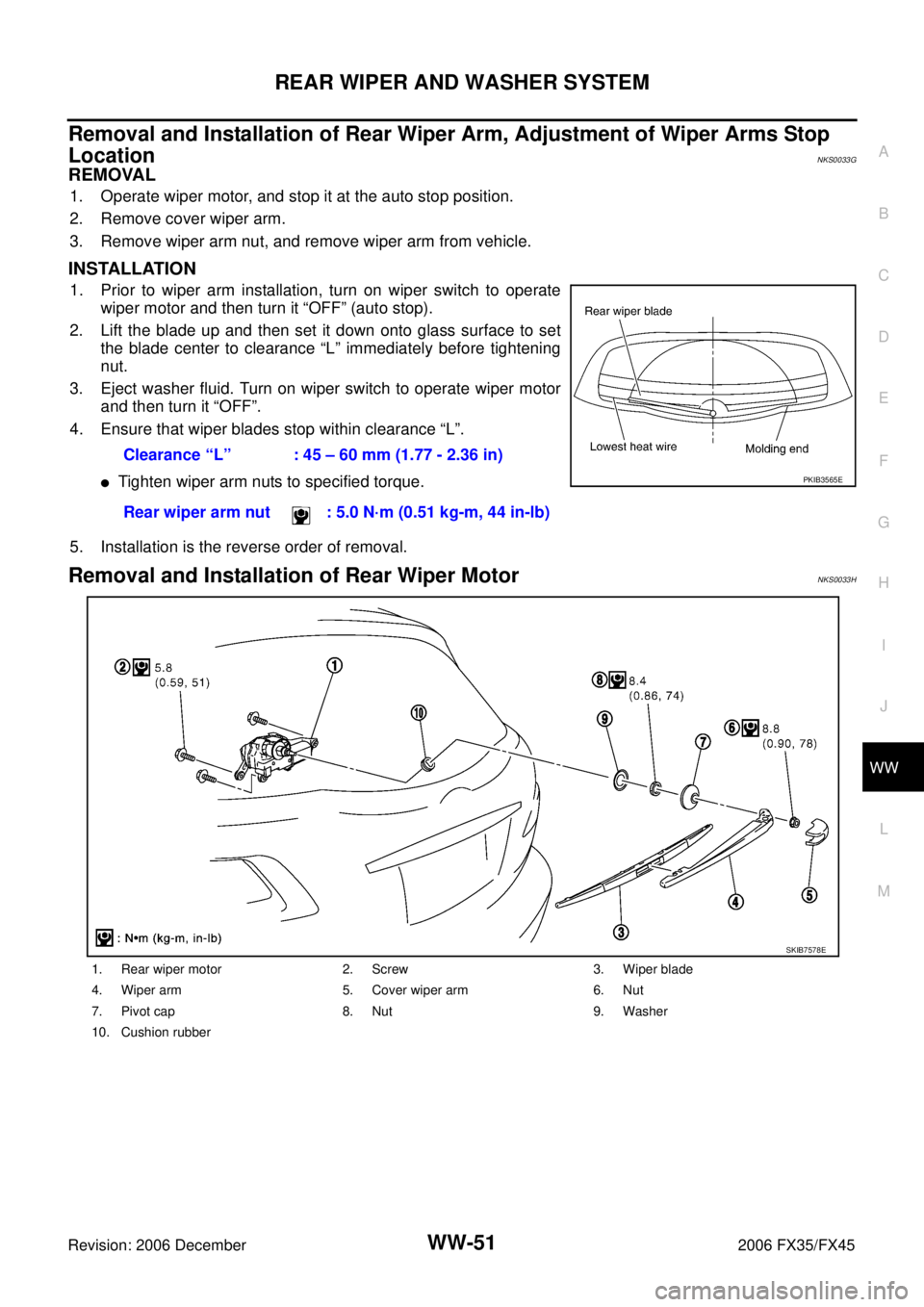 INFINITI FX35 2006 Owners Guide REAR WIPER AND WASHER SYSTEM WW-51
C
D E
F
G H
I
J
L
M A
B
WW
Revision: 2006 December 2006 FX35/FX45
Removal and Installation of Rear Wiper Arm, Adjustment of Wiper Arms Stop
Location
N INFINITI FX35 2006 Owners Guide REAR WIPER AND WASHER SYSTEM WW-51
C
D E
F
G H
I
J
L
M A
B
WW
Revision: 2006 December 2006 FX35/FX45
Removal and Installation of Rear Wiper Arm, Adjustment of Wiper Arms Stop
Location
N