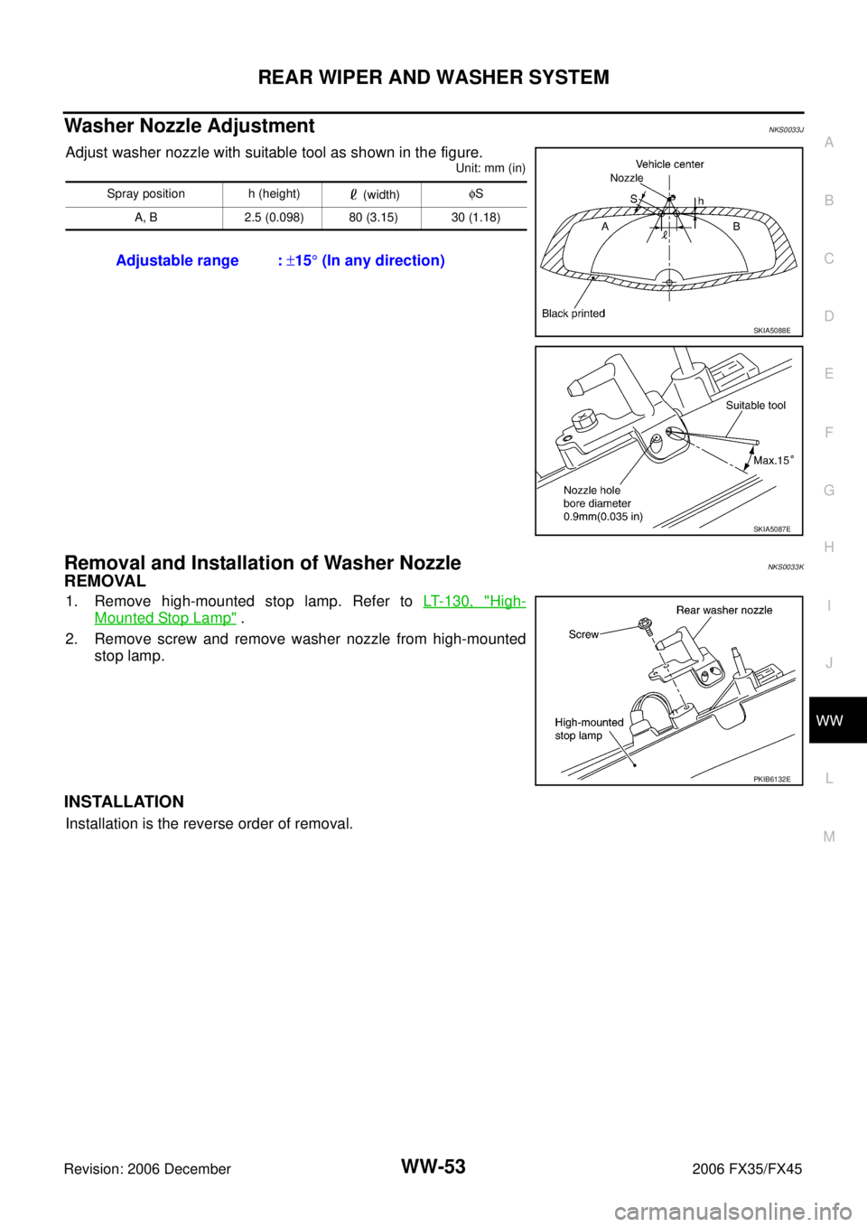 INFINITI FX35 2006 User Guide REAR WIPER AND WASHER SYSTEM WW-53
C 
D  E 
F 
G  H 
I 
J 
L 
M  A 
B
WW 
Revision: 2006 December 2006 FX35/FX45
Washer Nozzle AdjustmentNKS0033J
Adjust washer nozzle with suitable tool as shown in th