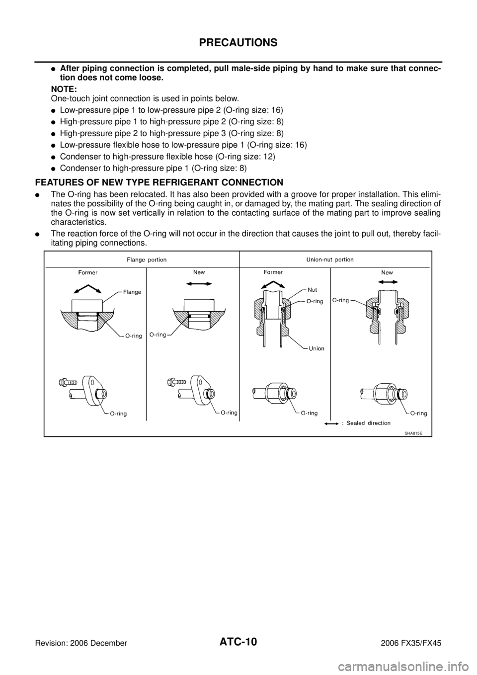 INFINITI FX35 2006  Service Manual ATC-10
PRECAUTIONS
Revision: 2006 December 2006 FX35/FX45
After piping connection is completed, pull male-side piping by hand to make sure that connec- 
tion does not come loose. 
NOTE: 
One-touch jo