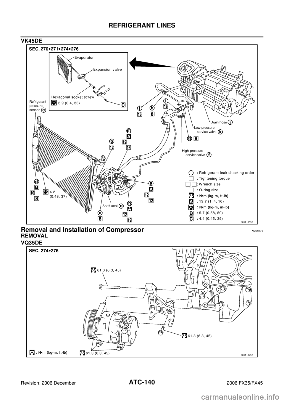 INFINITI FX35 2006  Service Manual ATC-140
REFRIGERANT LINES
Revision: 2006 December 2006 FX35/FX45
VK45DE
Removal and Installation of CompressorNJS000F2
REMOVAL 
VQ35DE
SJIA1605E
SJIA1643E 