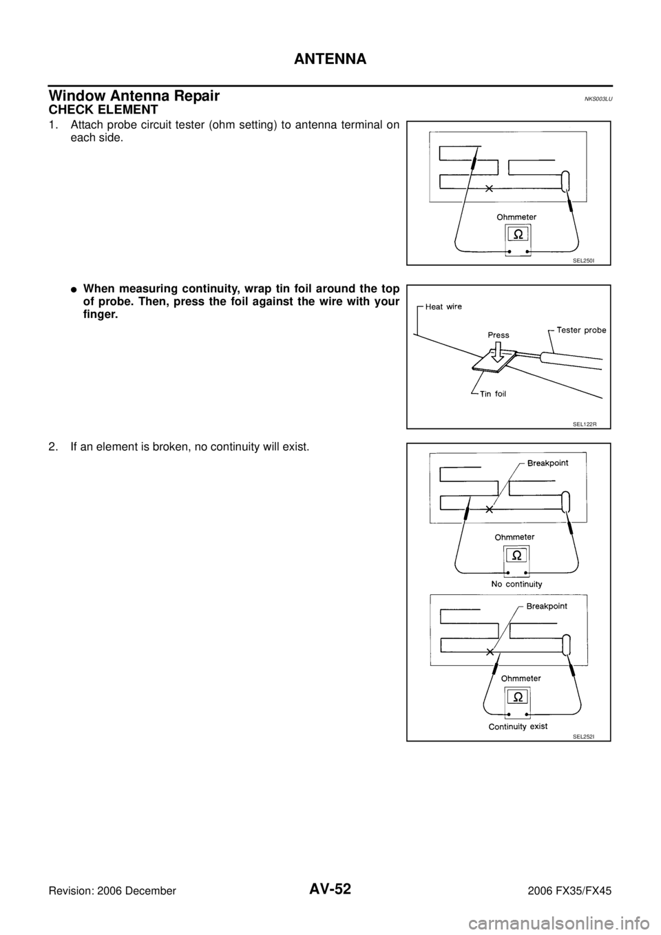 INFINITI FX35 2006  Service Manual AV-52
ANTENNA
Revision: 2006 December 2006 FX35/FX45
Window Antenna RepairNKS003LU
CHECK ELEMENT
1. Attach probe circuit tester (ohm setting) to antenna terminal on each side.
When measuring continui