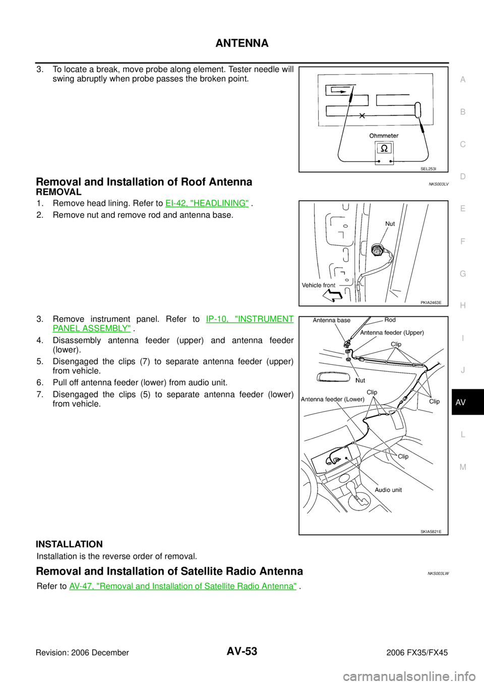 INFINITI FX35 2006 Workshop Manual ANTENNA AV-53
C 
D  E 
F 
G  H 
I 
J 
L 
M  A 
B
AV 
Revision: 2006 December 2006 FX35/FX45
3. To locate a break, move probe along element. Tester needle will  swing abruptly when probe passes the bro