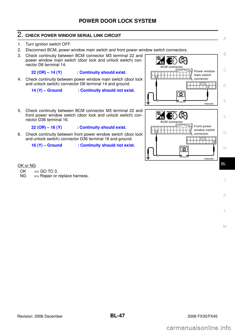 INFINITI FX35 2006  Service Manual POWER DOOR LOCK SYSTEM BL-47
C 
D  E 
F 
G  H 
J 
K  L 
M  A 
B
BL 
Revision: 2006 December 2006 FX35/FX45
2. CHECK POWER WINDOW SERIAL LINK CIRCUIT 
1. Turn ignition switch OFF. 
2. Disconnect BCM, p