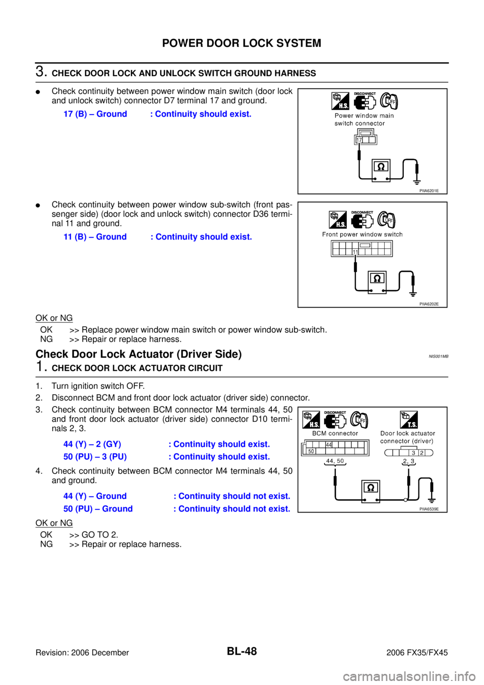 INFINITI FX35 2006  Service Manual BL-48
POWER DOOR LOCK SYSTEM
Revision: 2006 December 2006 FX35/FX45
3. CHECK DOOR LOCK AND UNLOCK SWITCH GROUND HARNESS
Check continuity between power window main switch (door lock 
and unlock switch