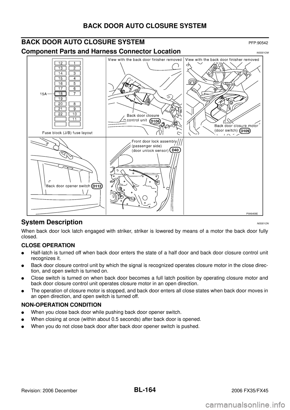 INFINITI FX35 2006  Service Manual BL-164
BACK DOOR AUTO CLOSURE SYSTEM
Revision: 2006 December 2006 FX35/FX45
BACK DOOR AUTO CLOSURE SYSTEMPFP:90542
Component Parts and Harness Connector LocationNIS001OM
System DescriptionNIS001ON
Whe