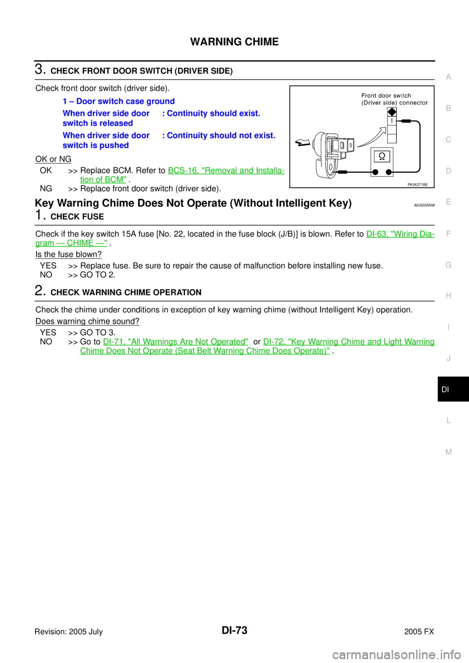 INFINITI FX35 2005 Service Manual WARNING CHIME DI-73
C
D E
F
G H
I
J
L
M A
B
DI
Revision: 2005 July 2005 FX
3. CHECK FRONT DOOR SWITCH (DRIVER SIDE)
Check front door switch (driver side).
OK or NG
OK >> Replace BCM. Re INFINITI FX35 2005 Service Manual WARNING CHIME DI-73
C
D E
F
G H
I
J
L
M A
B
DI
Revision: 2005 July 2005 FX
3. CHECK FRONT DOOR SWITCH (DRIVER SIDE)
Check front door switch (driver side).
OK or NG
OK >> Replace BCM. Re