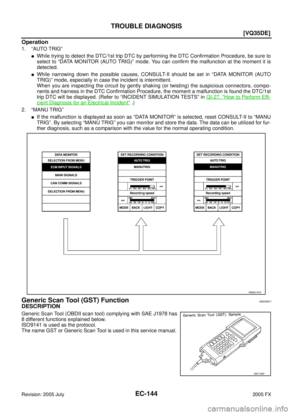 INFINITI FX35 2005  Service Manual EC-144
[VQ35DE]
TROUBLE DIAGNOSIS
Revision: 2005 July 2005 FX
Operation
1. “AUTO TRIG”
While trying to detect the DTC/1st trip DTC by performing the DTC Confirmation Procedure, be sure to 
select
