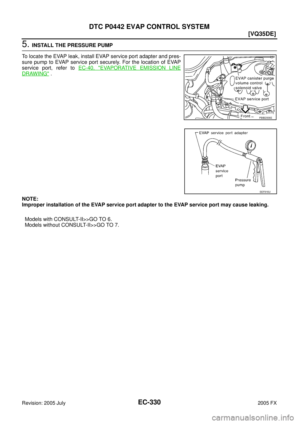 INFINITI FX35 2005  Service Manual EC-330
[VQ35DE]
DTC P0442 EVAP CONTROL SYSTEM
Revision: 2005 July 2005 FX
5. INSTALL THE PRESSURE PUMP 
To locate the EVAP leak, install EVAP service port adapter and pres- 
sure pump to EVAP service 