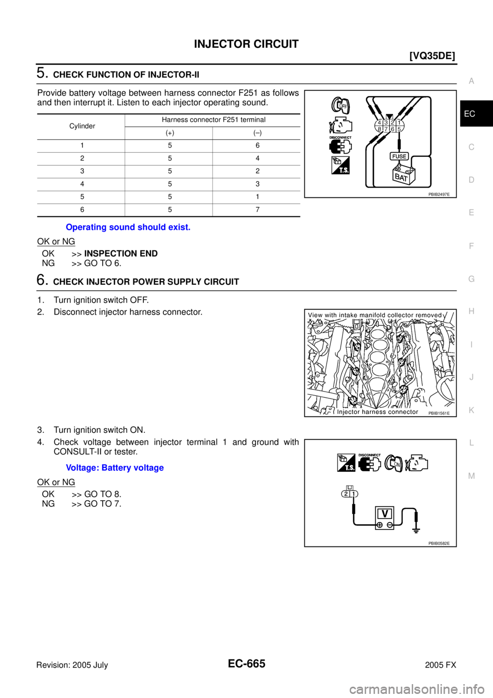 INFINITI FX35 2005  Service Manual INJECTOR CIRCUIT EC-665
[VQ35DE]
C 
D  E 
F 
G  H 
I 
J 
K  L 
M  A
EC 
Revision: 2005 July  2005 FX
5. CHECK FUNCTION OF INJECTOR-II 
Provide battery voltage between harness connector F251 as follows